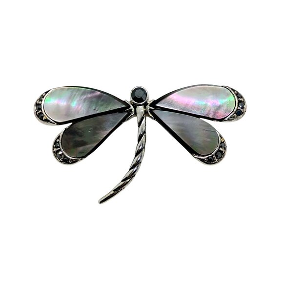 Vintage Monet Dragonfly Brooch Pin Silver Tone with Abalone Marcasite Rhinestone - Picture 2 of 6
